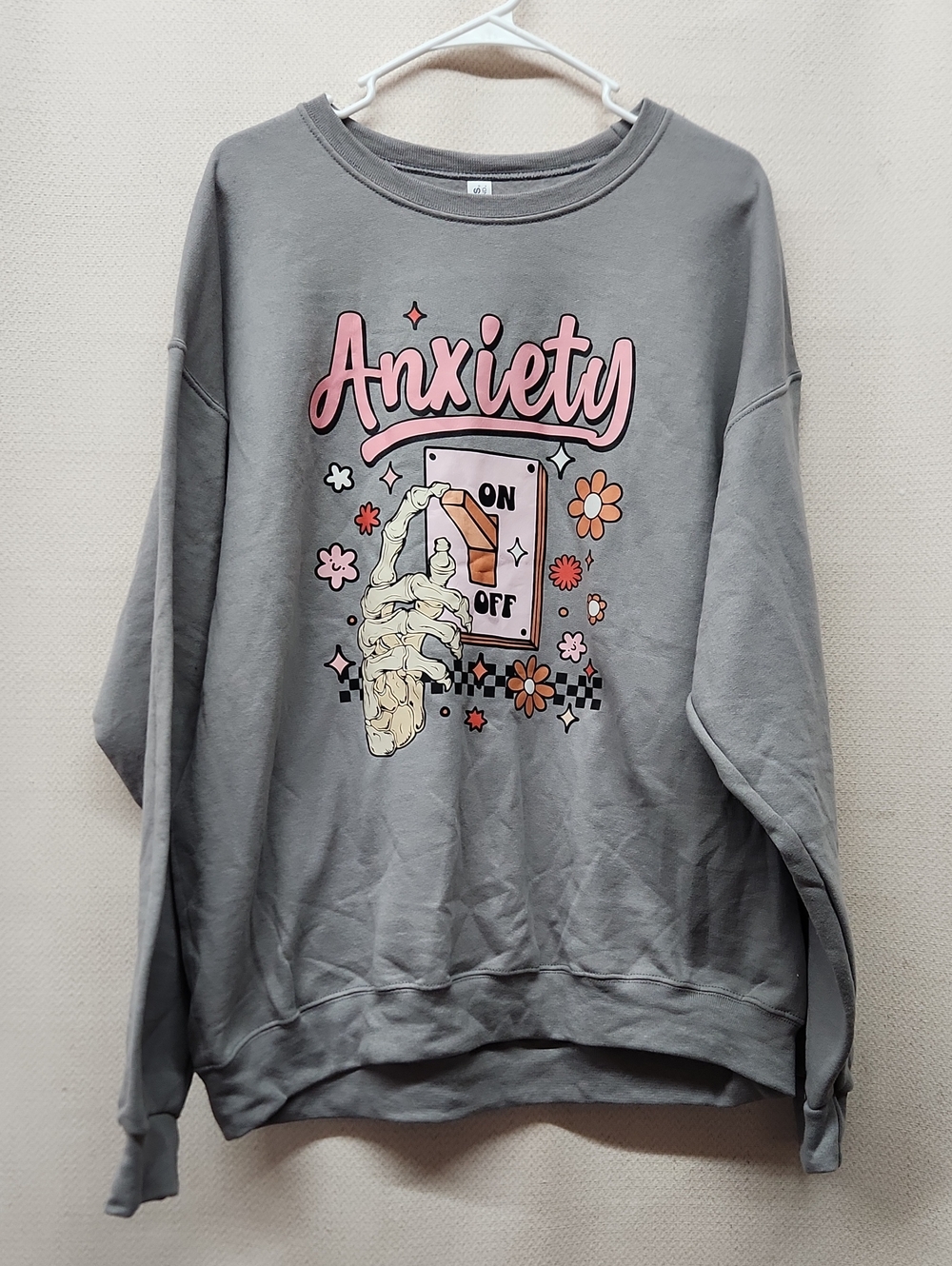 Jerzees Gray Crewneck Sweatshirt with Pink Anxiety Graphic